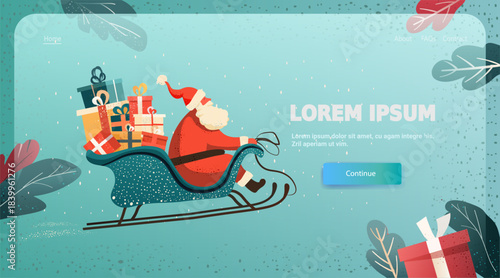 Santa Christmas sleigh full of gifts festive holiday scene snow background decorated leaves website landing page template