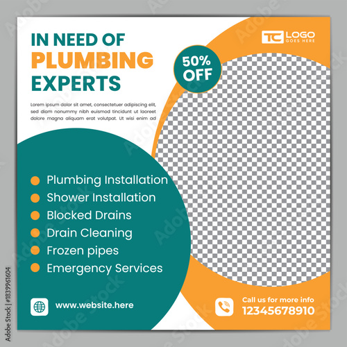 Plumbing service social media post banner template with professional handyman home repair web banner design layout.