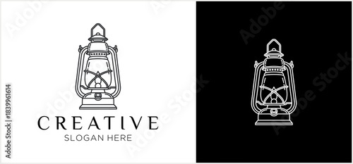 Vintage Kerosene Lantern Line Art Illustration Logo Design.