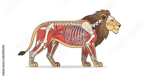 Detailed illustration of a lion's muscular and skeletal system on a white background.