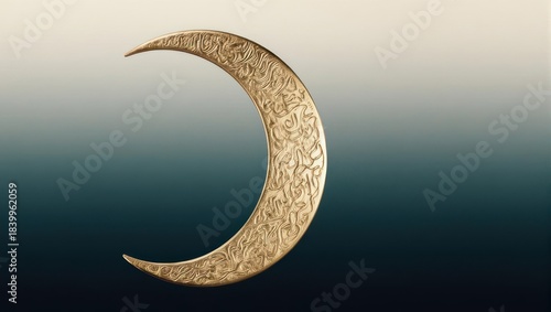 Golden Crescent Moon Symbol with Intricate Patterns on Gradient Background.
