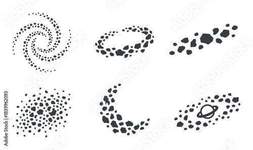 Black cosmic galaxy icons, abstract celestial objects, asteroid belts, and planetary systems.