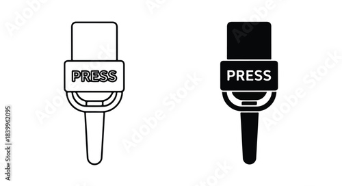 Black and white illustration of two press badges on a plain white background with simple line art.