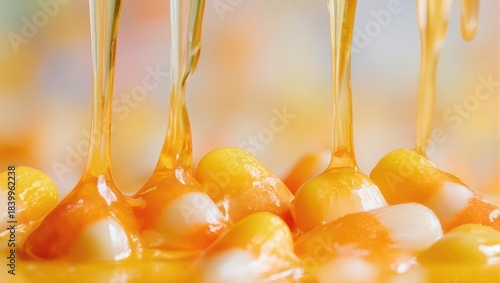 Golden Honey Dripping Over Delicious Caramel Candies, Close-Up Shot.