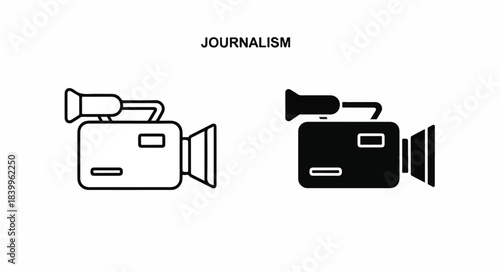 Black and white video camera icons with horn microphones on a clean white background with the word Journalism above them.