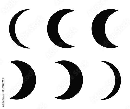 Black crescent moon icons. Moon phase illustrations. Different lunar elements. Celestial design.