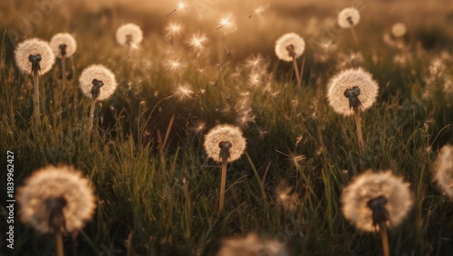 Golden Hour Dandelion Field with Soft Bokeh and Warm Sunlight.