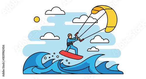 A cartoon man kite surfing on a wave with a yellow kite in a blue sky with clouds and sun.