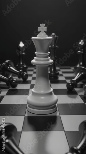 3D cinematic animation of a white chess king standing tall in the center of a chessboard