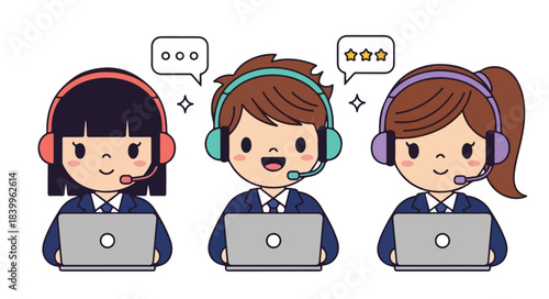 Three cartoon customer support agents wearing headsets and working on laptops with speech bubbles against a clean white background.
