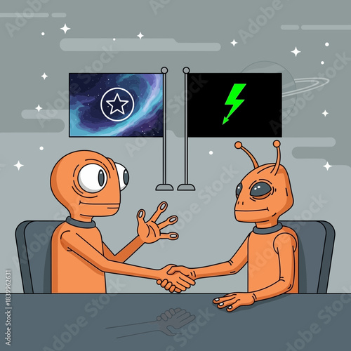 Friendly aliens forging cosmic partnership with handshake and symbolic flags representing intergalactic commerce and exploration