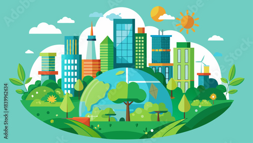 Green Eco-Friendly City Skyline – Sustainable Urban Living, Clean Energy, Renewable Resources, Environment Protection Vector Illustration