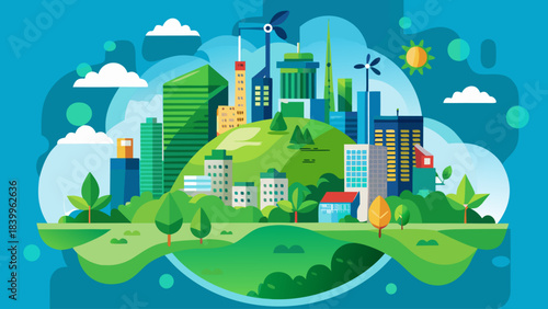 Green Eco-Friendly City Skyline – Sustainable Urban Living, Clean Energy, Renewable Resources, Environment Protection Vector Illustration