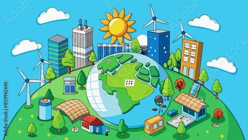 Green Eco-Friendly City Skyline – Sustainable Urban Living, Clean Energy, Renewable Resources, Environment Protection Vector Illustration