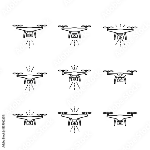 Modern drone icons showcasing aerial photography, surveillance, and delivery capabilities for innovative technology projects
