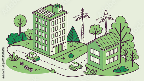 Green Eco-Friendly City Skyline – Sustainable Urban Living, Clean Energy, Renewable Resources, Environment Protection Vector Illustration