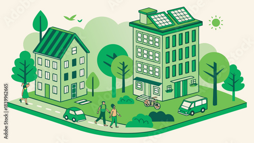 Green Eco-Friendly City Skyline – Sustainable Urban Living, Clean Energy, Renewable Resources, Environment Protection Vector Illustration