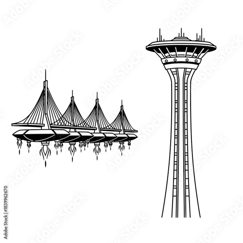 Dramatic iconic tower and futuristic suspension bridge structures create a powerful modern cityscape silhouette for architectural design concepts.