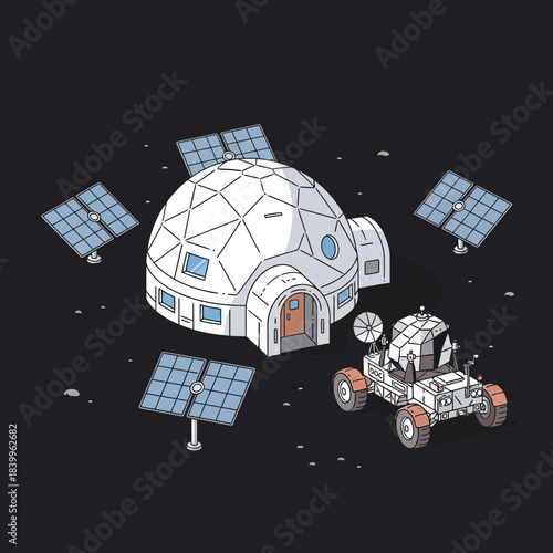 Futuristic space base with rover and solar panels, showcasing advanced extraterrestrial exploration and colonization technology for science fiction concepts.
