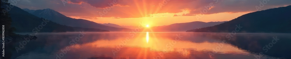 Fototapeta premium Serene sunrise over a tranquil lake, reflecting the peaceful and hopeful feeling of spiritual awakening Perfect for themes of faith, meditation, and inner peace , tranquility, horizon