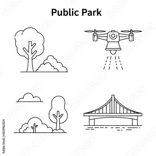Explore modern public parks with nature scenes, innovative drones, and iconic bridge structures in this versatile outline collection