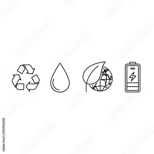 Sustainable energy icons representing recycling, water, nature, and power for a cleaner future
