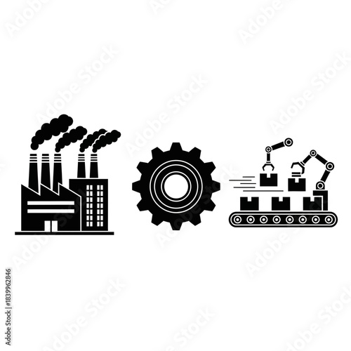 Modern factory production line with robotic arms assembling products alongside a large industrial gear symbolizing efficiency and manufacturing processes.