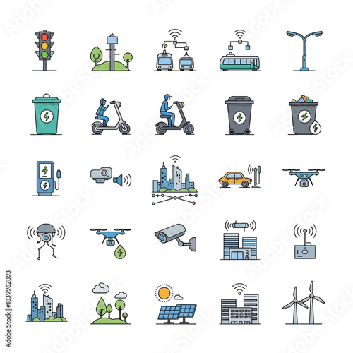 Modern smart city icons show technology, transport, and sustainable energy solutions for urban development and innovation.