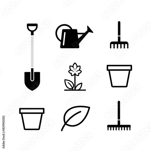 Essential gardening icons including shovel, watering can, rake, pot, and plant perfect for projects promoting outdoor activities and home cultivation