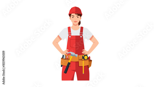 Woman In Red Overalls And Hard Hat With Tool Belt Holding Hammer And Tape Measure In A Detailed Pixel Art Style On A Black Background