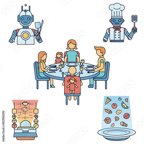 Modern family enjoys a meal as robots prepare and serve food, illustrating future dining and automation innovation.