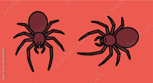 Two dark brown spider silhouettes on a solid red background with black outlines, simple flat illustration.