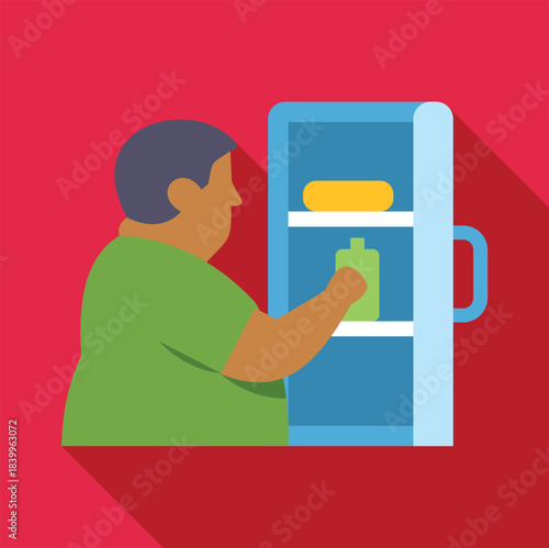 Overweight man reaching for unhealthy food in an open refrigerator, representing unhealthy eating habits