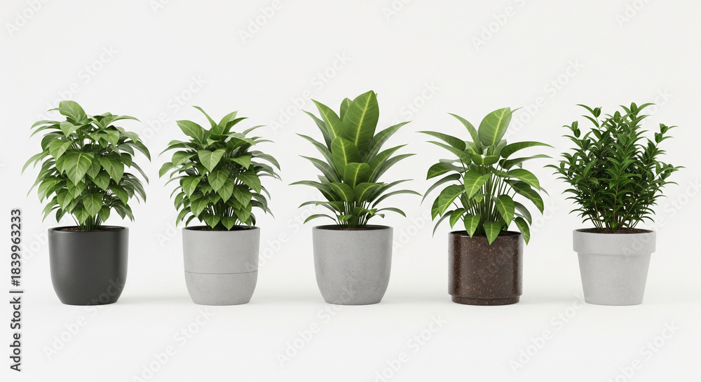 Fototapeta premium Nature's Green Harmony: A captivating array of lush green plants in elegant pots, a symbol of life and vitality, create a tranquil atmosphere with their unique shapes and textures.