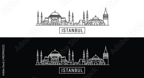 Line drawing of Istanbul city skyline with mosques and buildings on white and black backgrounds.