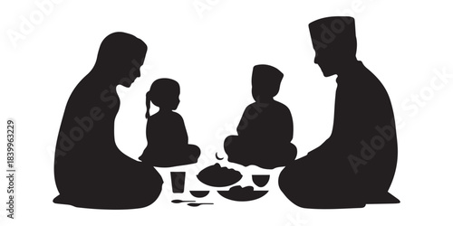 Silhouette of Muslim Family Enjoying Iftar Meal Together During Ramadan Kareem Celebration