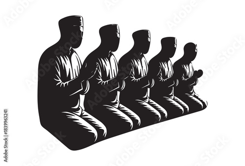 Five Muslim Men Praying in Congregation During Ramadan Kareem with Traditional Clothes