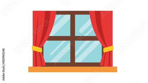 Window with red curtains pulled back on the sides revealing a bright blue sky and reflections on the glass panes set against a dark background