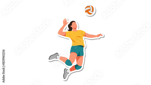 Woman Athlete In Mid Air Serving Volleyball During Sports Game With Dynamic Action And Energetic Pose In Yellow Top And Blue Shorts With Knee Pads And Athletic Shoes During Daytime Sporting Event