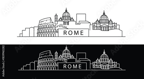 Line art illustrations of Rome cityscape with iconic landmarks on white and black backgrounds with thin outlines and the word 'ROME' in the composition.