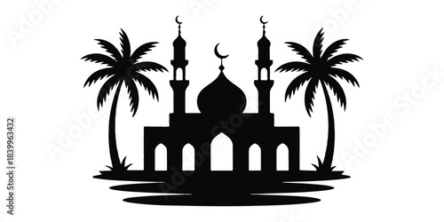 Silhouette mosque with palm trees on island creative vector illustration design