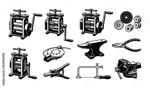 Black silhouette icons of jeweler tools. Rolling mills, gears, anvil, pliers, wire winder, clamp, hacksaw, and vise.
