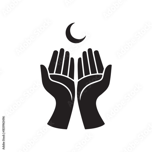 Hand praying muslim with crescent moon creative vector illustration design