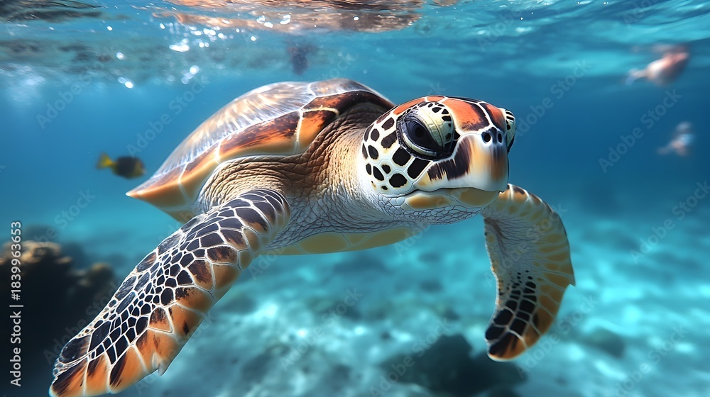 Fototapeta premium Green sea turtle swims gracefully in clear blue ocean waters near coral reef during midday sunlight