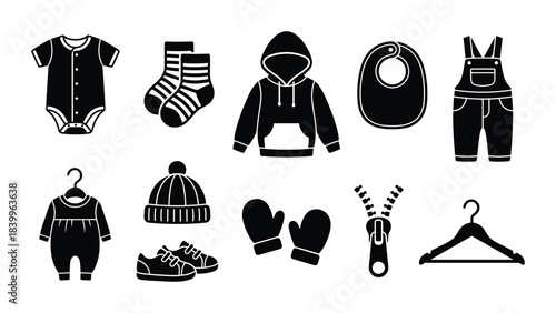Black silhouettes of baby clothes and accessories. Romper, socks, hoodie, bib, overalls, dress, hat, mittens, zipper, and hanger.