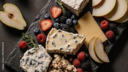Gourmet Cheese and Fruit Platter with Berries and Pears.