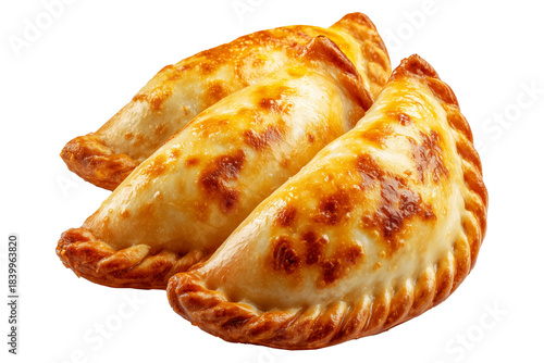 Argentina and Uruguay empanadas stacked in a pyramid, golden baked crust, meat and potato filling, isolated on white background