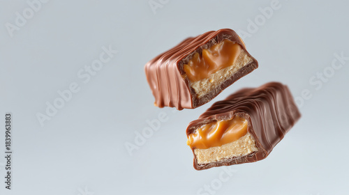 Close-up of delicious caramel chocolate bars with nougat filling, isolated on light background