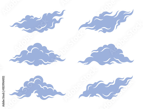 Blue cloud icons set. Weather, sky, nature, dream, climate, and atmospheric symbols.