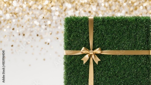 Green Gift Box with Gold Ribbon and Glitter Background.